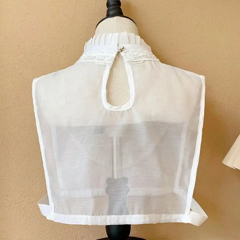 R1WE بلوزة نسائية أنيقة شفافة من الأورجانزا بياقة كاذبة قابلة للفصل مطرزة بأوراق دانتيل وحامل مكشكش نصف قميص ديكي