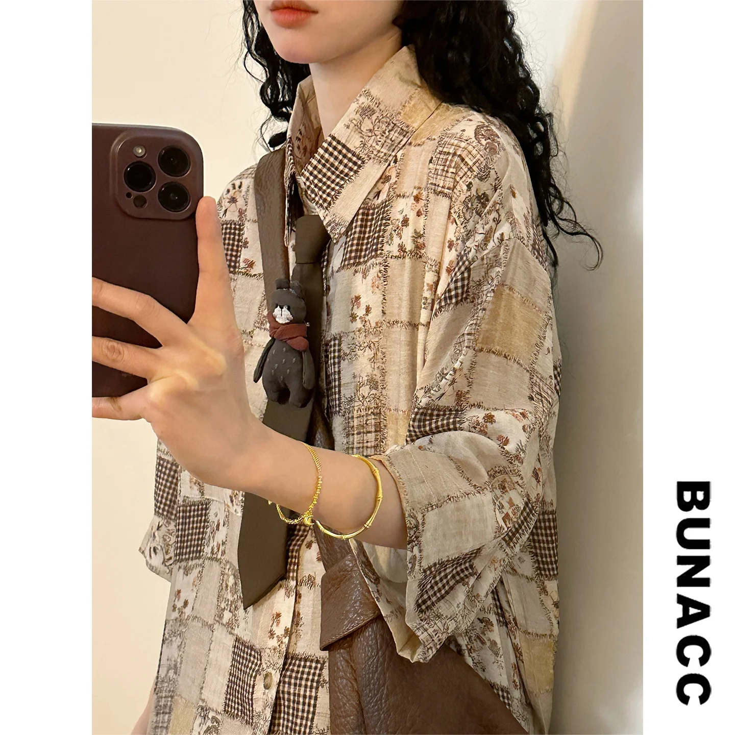 

Summer Street Sle Loose Fit Long Sve Collar Printed irt ex Casual Top Vintage Japanese Floral Pattern