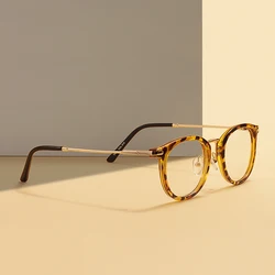 TR90 Men Women Lightweight Vintage Eyeglasses Frame Round Plastic Leopard Clear Spectacles For Optical Prescription Lenses