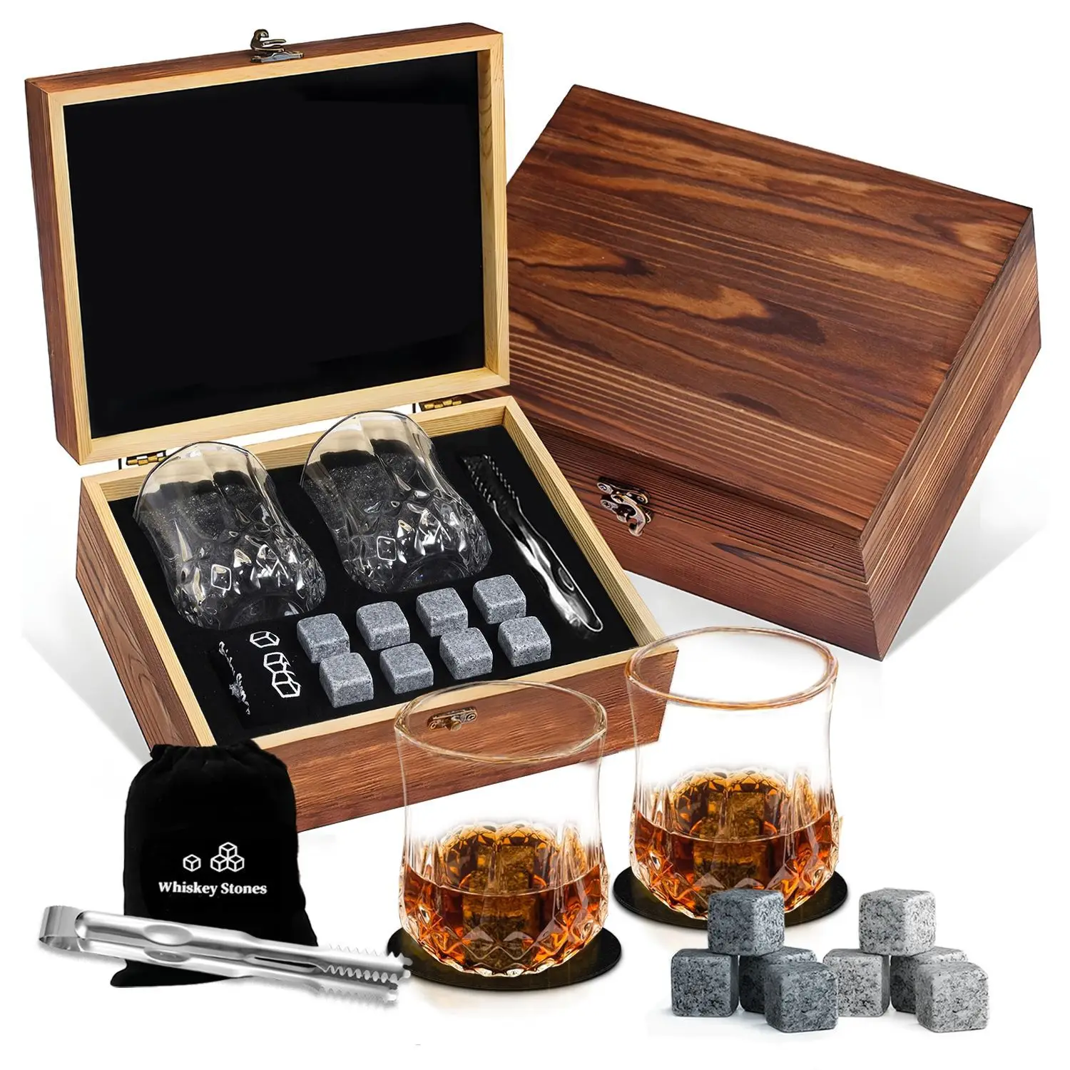 

Whiskey Gift Set with Wood Box - 2 Glasses & 8 Granite Stones Cross-border