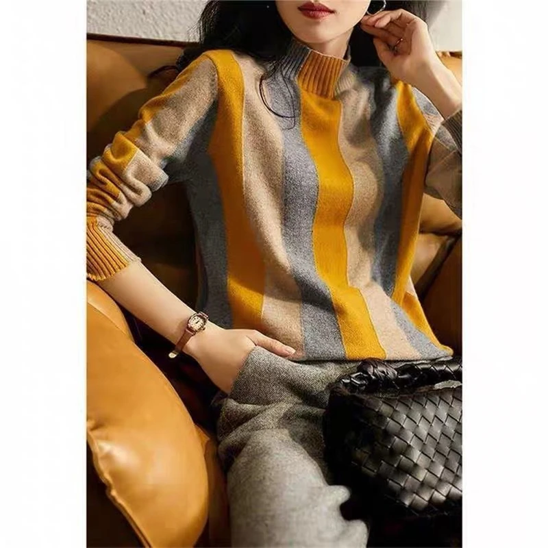 Women Autumn Trendy Striped Half High Collar Knitwear Casual Long Sleeve Slim Knitted Sweater Pullover Jumper Elegant Ropa Mujer