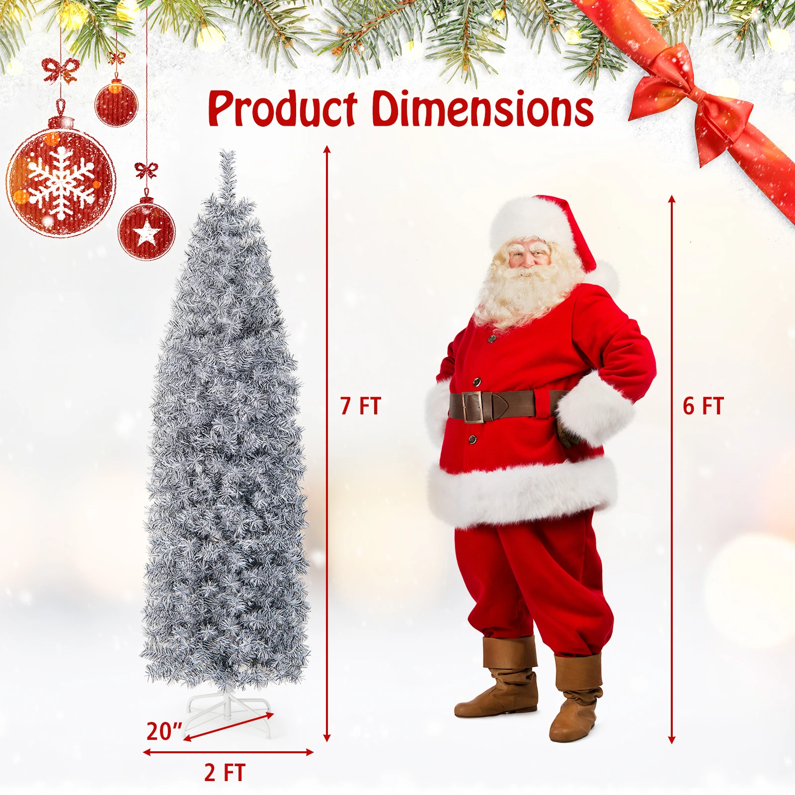 7 FT Pre-Lit Christmas Tree Hinged Slim Pencil w/ 350 LED Lights 670 Branch Tips