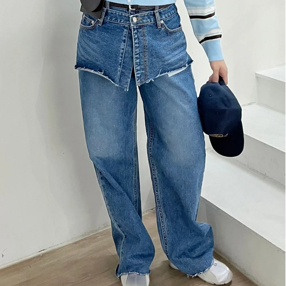 High Waist Denim Skirt Pants Women's Long Trousers Summer Vintage Pure Color Button Side Stripe Versatile plus Size Jeans