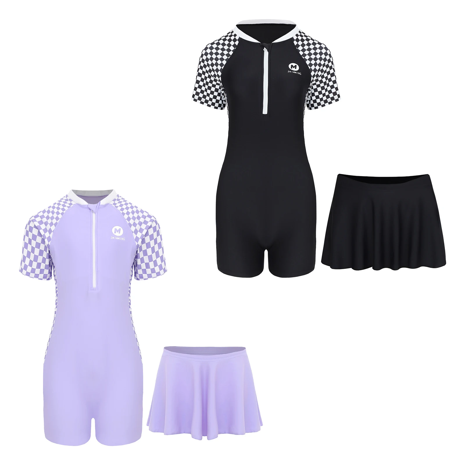 2Pcs Teens Girls One Piece Swimsuit Outfit Short Sleeve Bodysuit Swimwear with Swim Skirt Set Rash Guard Strój kąpielowy dla 8Y-15Y