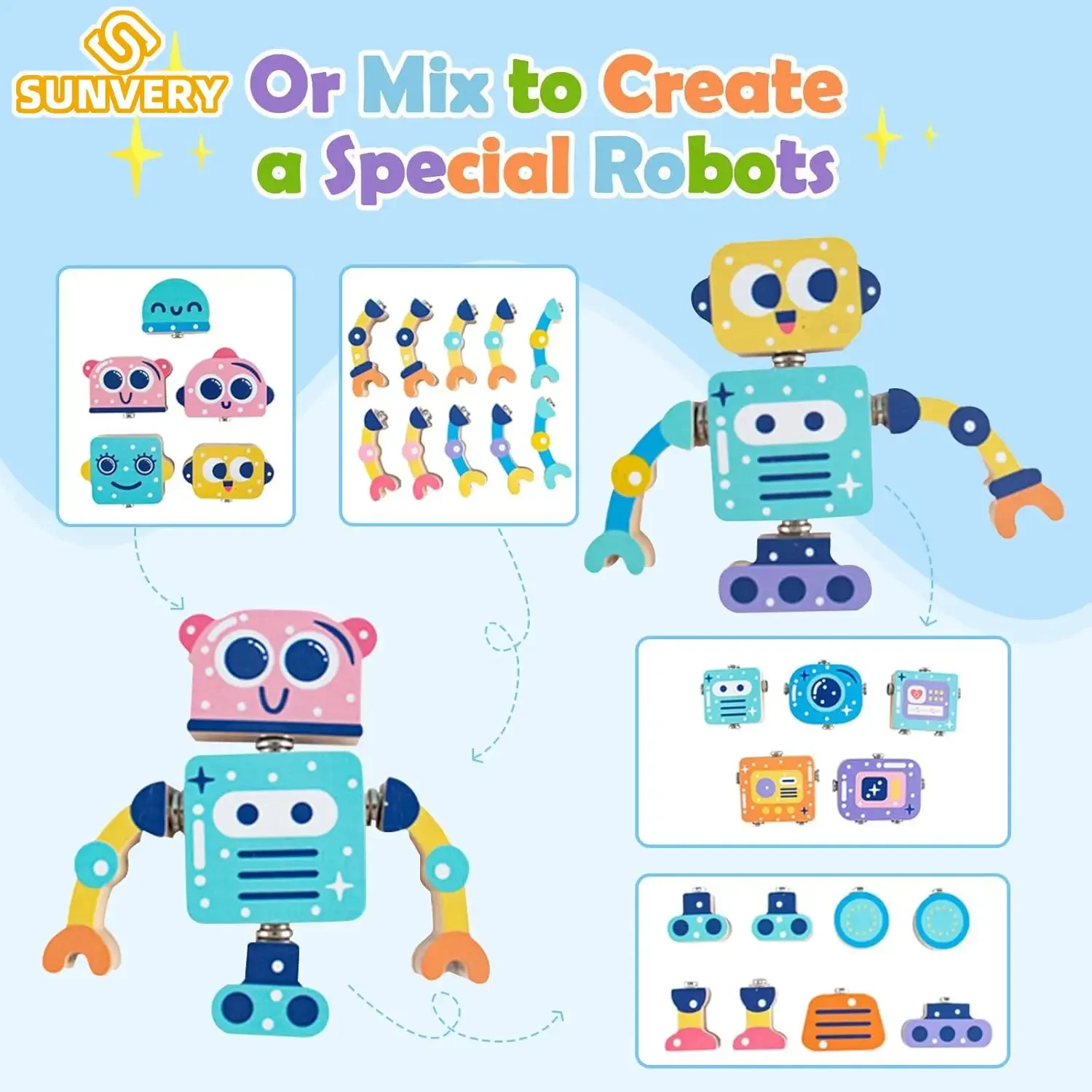 Wooden Snap Together Building Robot STEM Building Blocks Toy Fine Motor Skill Montessori Educational Toys Gift for 3 4 5 6 Years