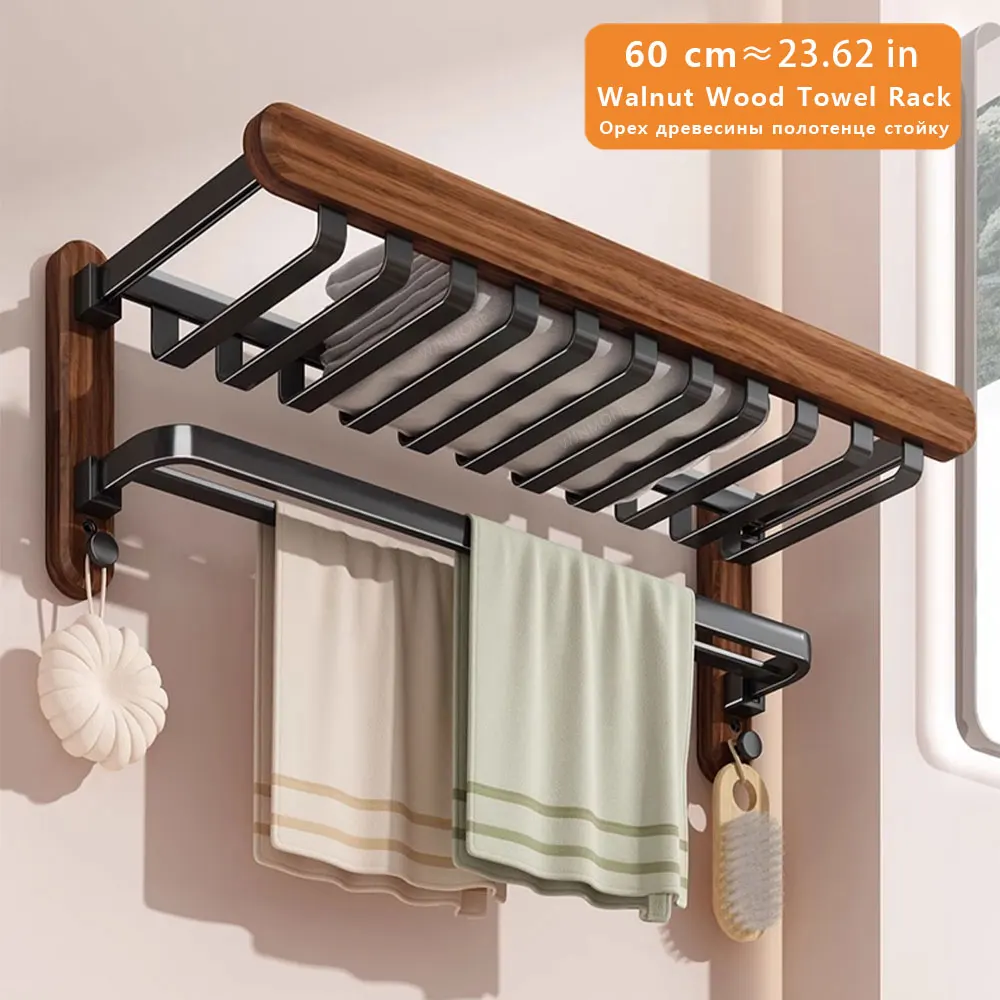 

60cm Folding Walnut Towel Rack Bathroom Solid Wood Bath Towel Shelf 23.62 Inch Wall-mounted Black Robe Towel Holder Accessories