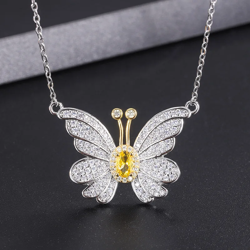 Micro Pave Clavicle Chain Yellow Crystal Zircon Butterfly Earrings Yellow Diamond Butterfly Diamond Necklace Wholesale Gold Plat