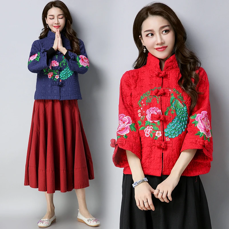 

Chinese style cotton and hemp buckle embroidered Tang style short coat retro middle-aged and elderly women seven sleeve jackets