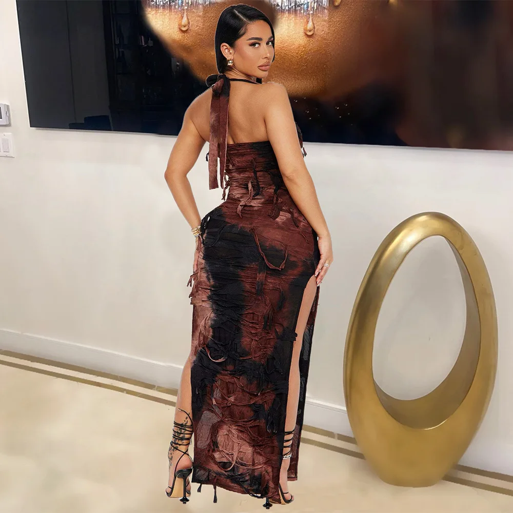 Irmã estrela moda feminina sem mangas sem costas divisão tie-dye mendigo mendigo sedoso drape personalizado vestidos estilo rua