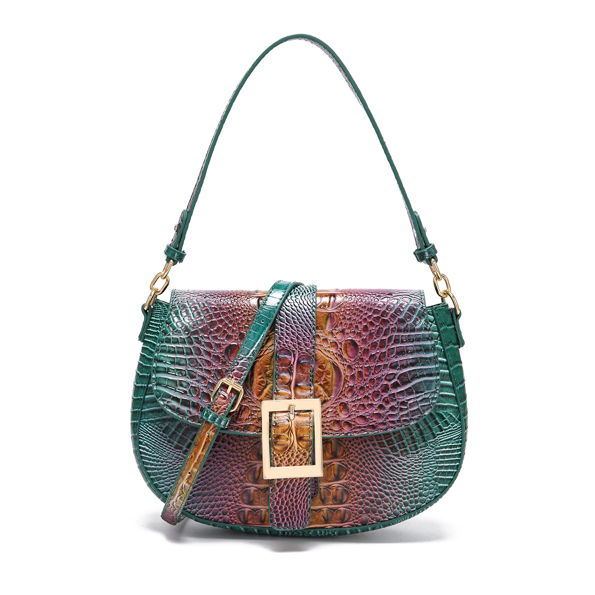 Saddle Bag With Large Buckle And Crocodile Pattern Colorful Underarm Bag Single Shoulder Bag With Shoulder Strap And Crossbody