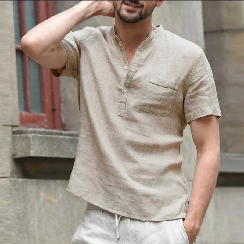

Summer Men's Solid Color Stand Collar Button-down Half Placket Cotton Short-sleeve Shirt Top