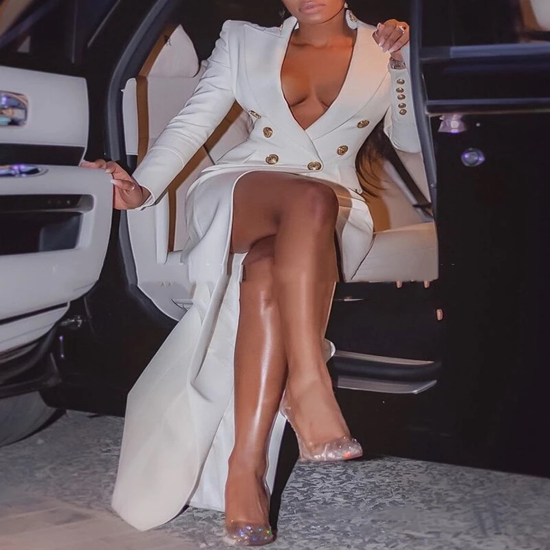 

Ele Briti Sle Long Coat Dr White Waist-Cinching Commute Autumn Winter Outerwear Skirt Button Detail Polyester