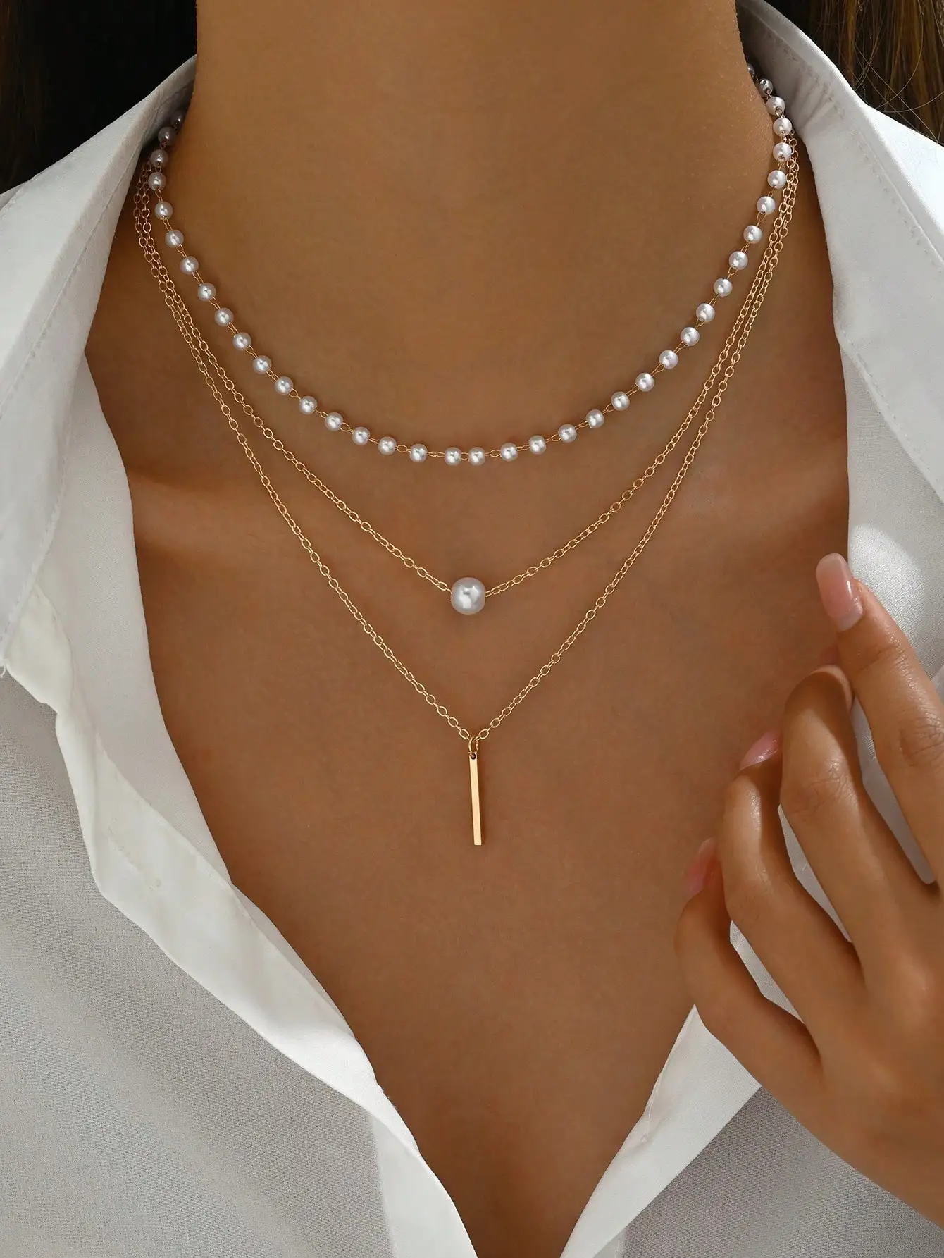 Women Layered Faux Pearl Necklace Triple Chain Bar Pendant Choker Statement Minimalist Fashion Jewelry Gift
