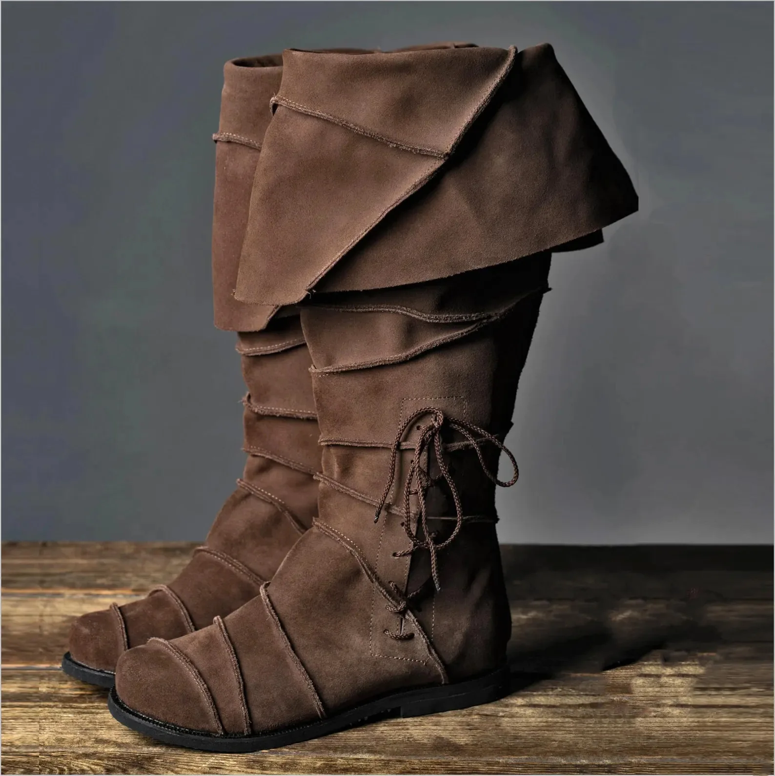 

Men's Brown Suede Knee-High Boots Layered Fold Design Lace-Up Detail Flat Sole for Rustic Casual Historical Costume Fashion Look