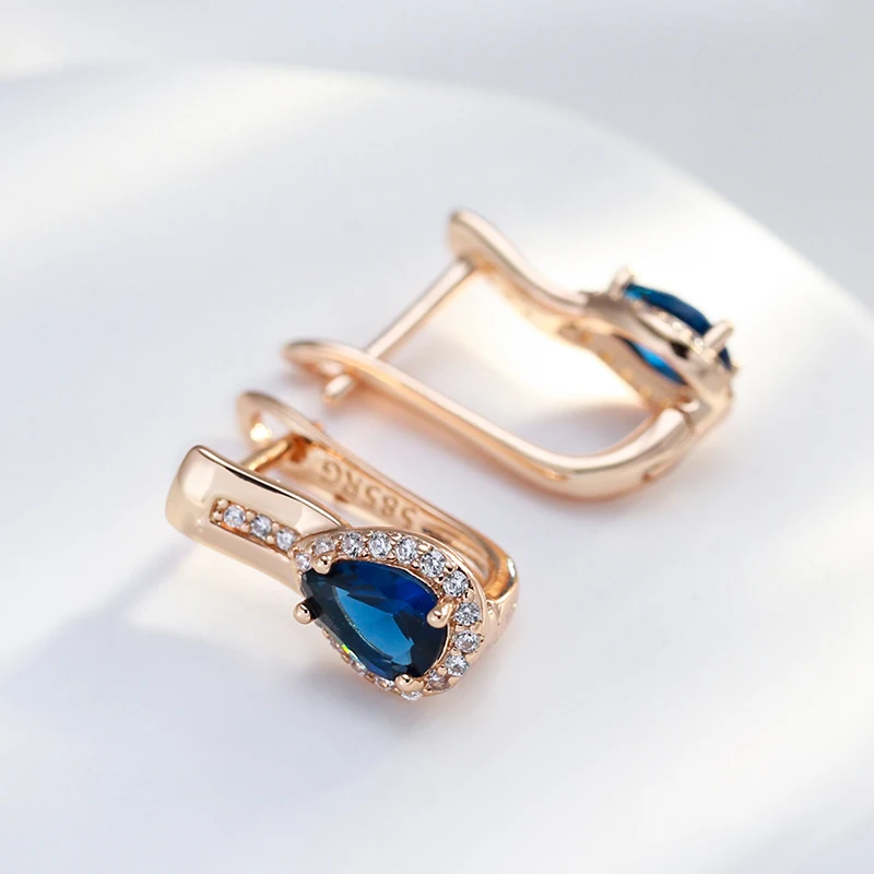 Wbmqda New 585 Rose Gold Color Drop Shape Blue Natural Zircon Earrings For Women Luxury Trendy Jewelry 2023 Hot Accessories