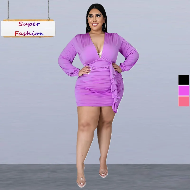 Mini vestido de manga comprida com decote em V, vestidos monocromáticos sexy, roupas da moda, plus size, outono, atacado, transporte da gota, L para 4XL