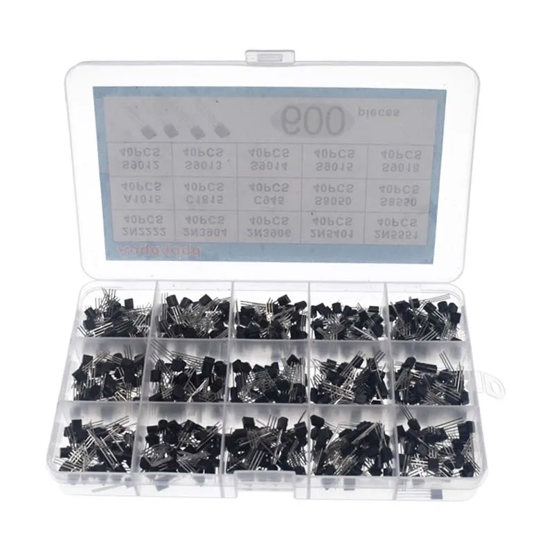 Kit d'assortiment de transistors TO-92, 30-160V, 50-1000mA, NPN PNP 2N2222 2N5551 S9014 C945 S9018 S8050, 600 pièces, 15 valeurs x 40 pièces