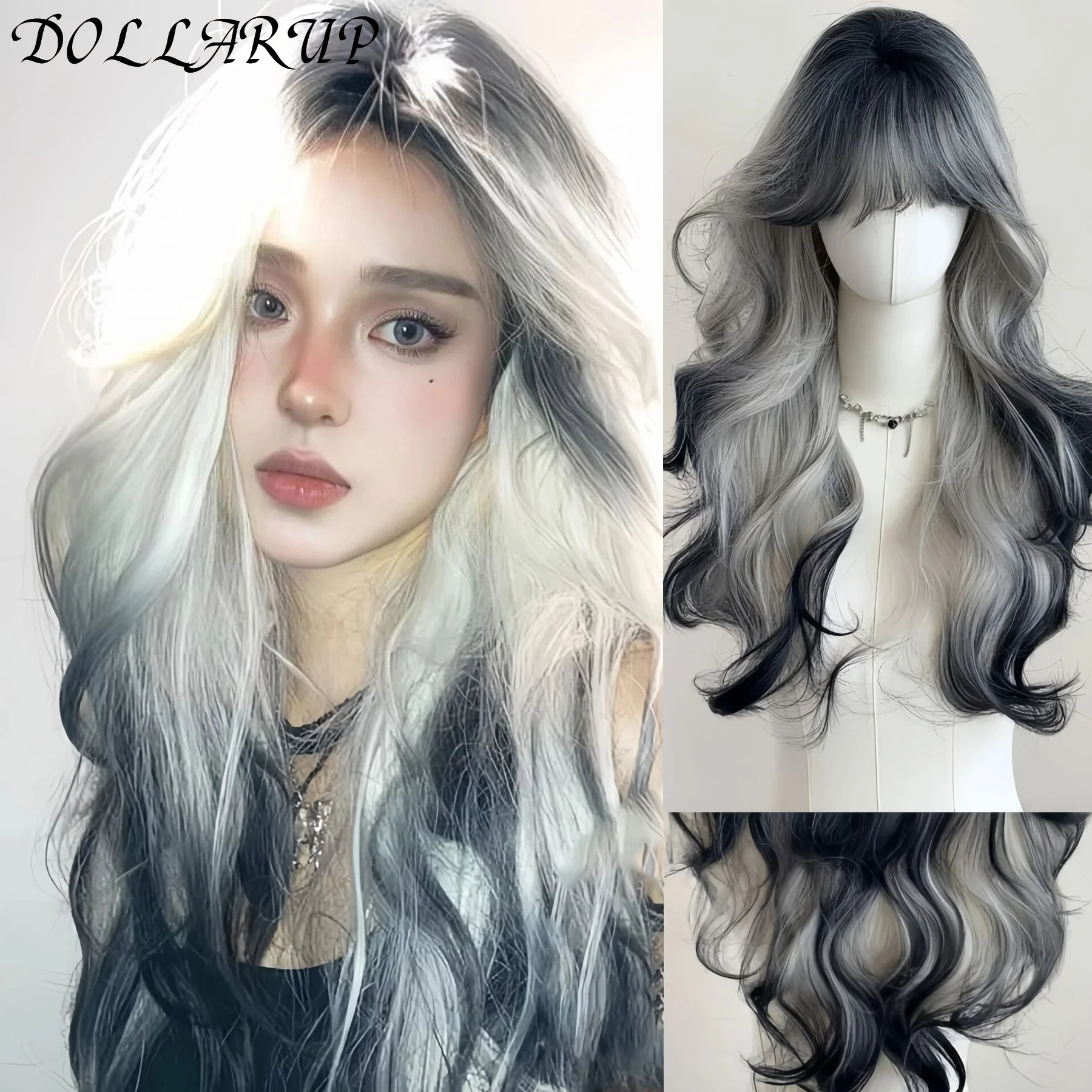 

JKL длинный волнистый синтетический черный Ombre белый парик пушистый женский термостойкий парик для повседневной вечеринки Лолита косплей