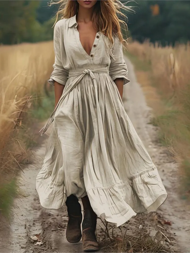 

New Autumn Fashion Retro Long Sleeve Turn-down Collar Single Breasted long dress Women's Casual Solid Color v-neck Lace-up dress