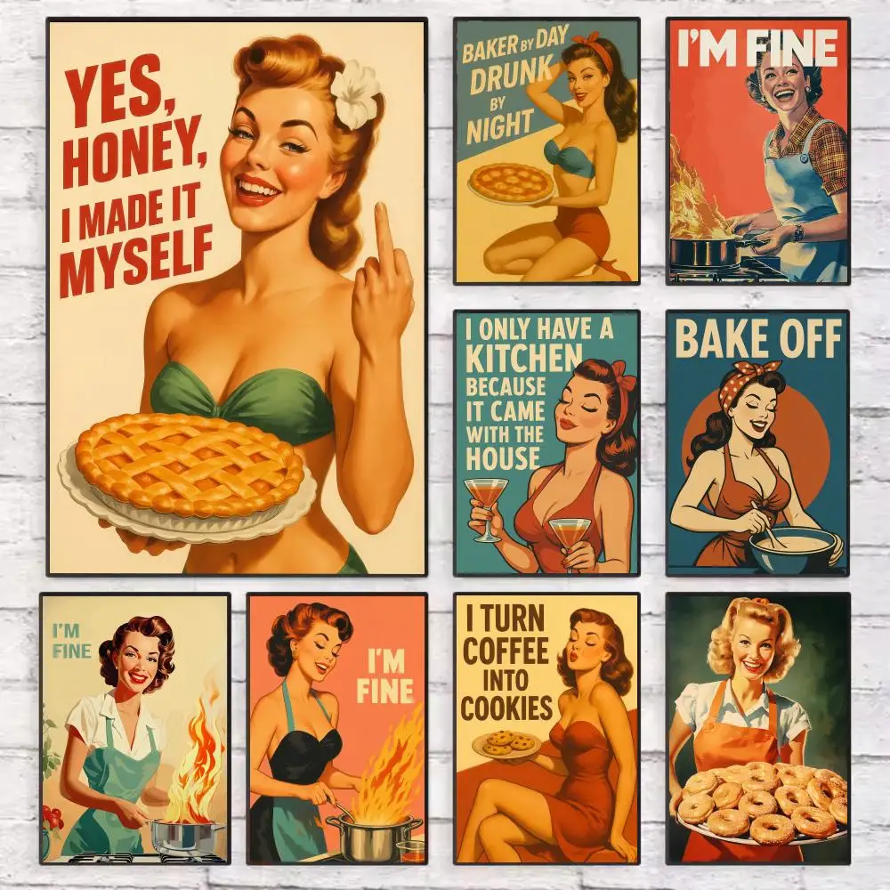 

Retro Pin-Up Girl with Funny Kitchen Poster Wall Art Sticky for Living Room Bedroom Office Hallway Bar Home Decor Gift Idea