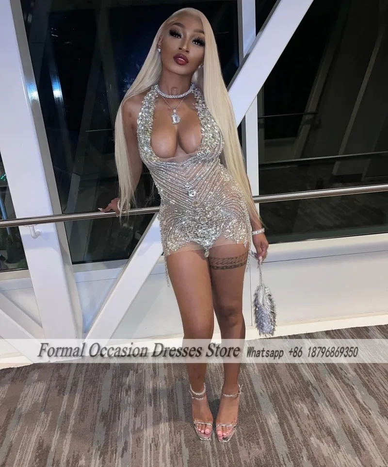 Sexy Silver Birthday Dresses Luxury Rhinestone Party Dress Baddie Black Girls African Cocktail Gowns Vestidos De Gala Customized