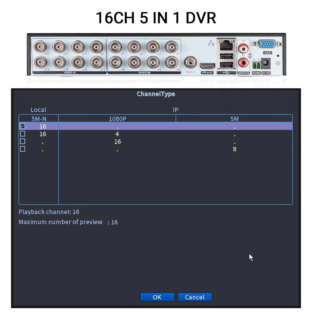 16 Channels CCTV DVR 5MP-N 5in1 AHD TVI CVI CVBS IP Camera Hybrid Digital Video Recorder Secuirty System Remote Access H.265