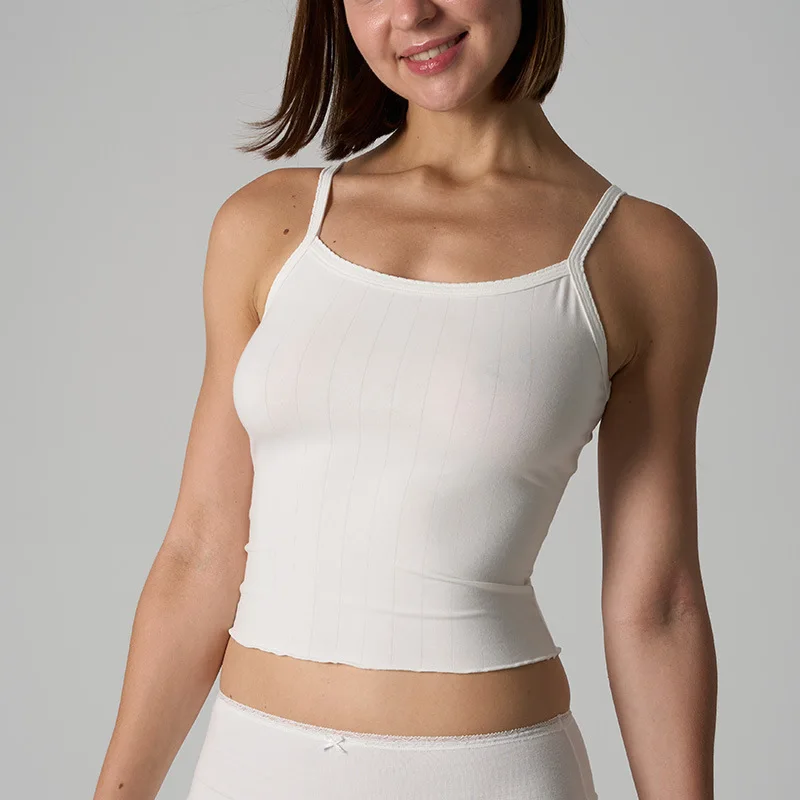 Y2K Hot Girl Style Einfarbiges Tank-Top für den Sommer, tief ausgeschnittener Rundhalsausschnitt, einfarbige Taille, ärmelloses Strick-Träger-Top mit Rüschenrand