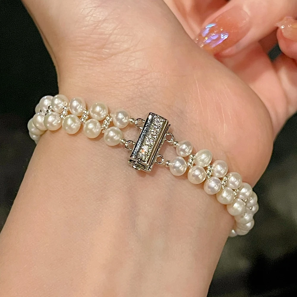 Classic and Versatile Double-layer Design Luxury Double Strand Pearl Bracelet Hand-knitted with 4-5mm Natural Freshwater Pearls