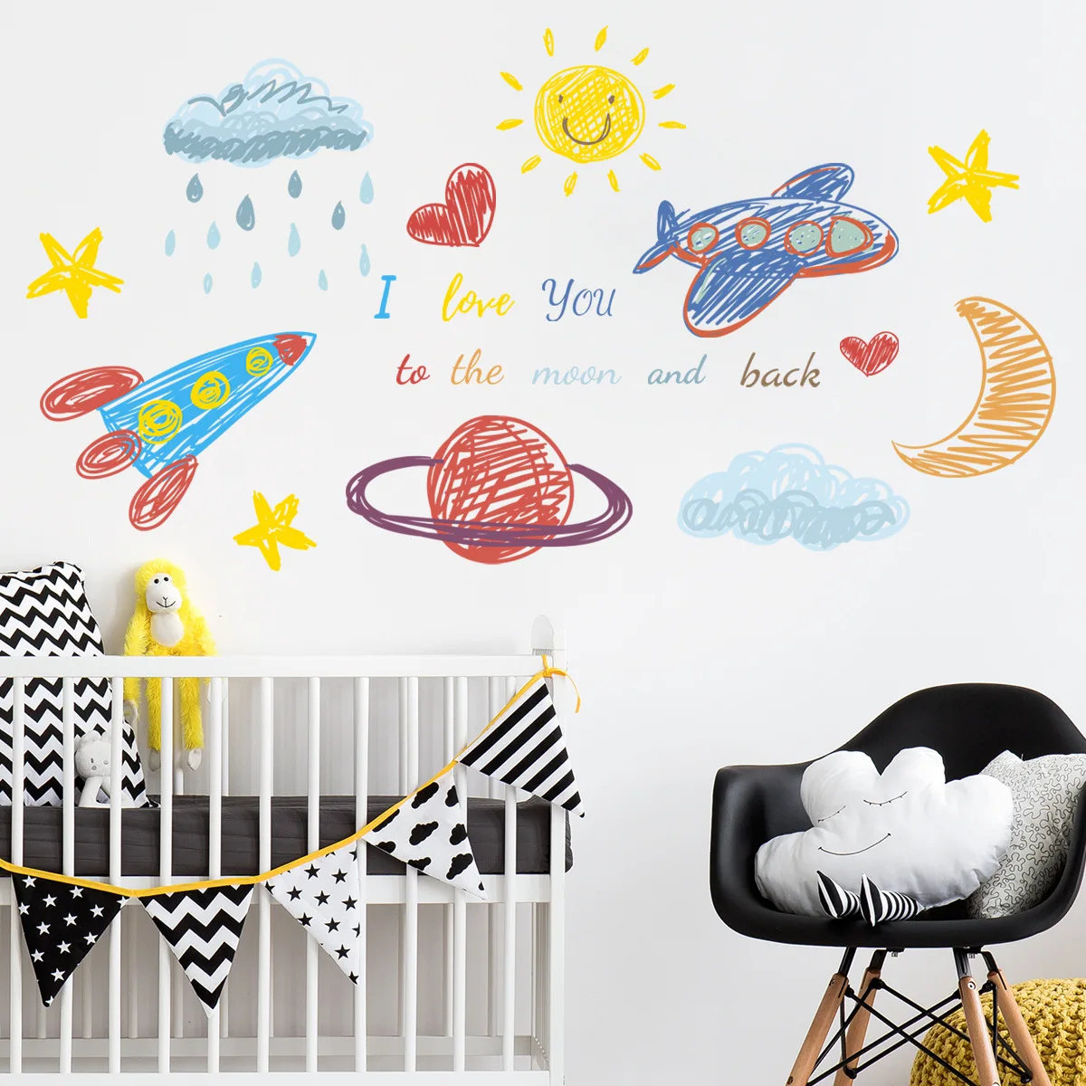 30*60cm Wall Stickers Hand-painted Aircraft Planet Sun Wall Stickers Mural Pvc Children's Living Room Bedroom Wall Stickers