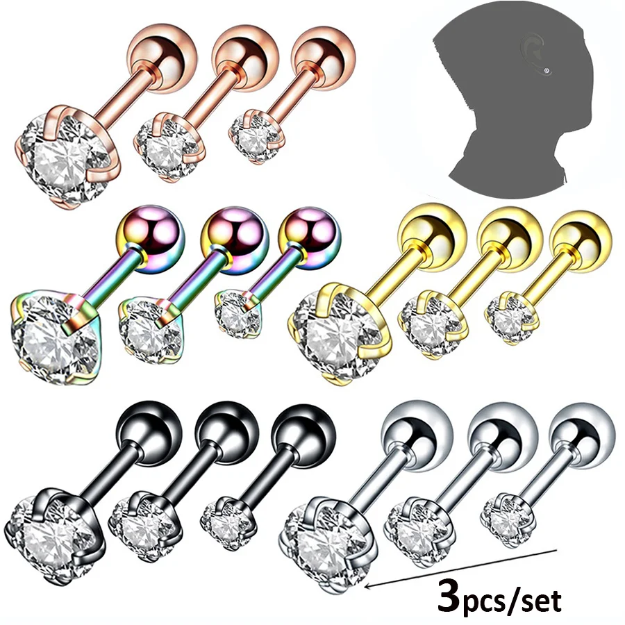 3pc/set Simple Cubic Zirconia Tragus Bar CZ Cartilage Stud Earrings Stainless Steel Lobe Screw Back Ear Piercing Jewelry 3/4/5mm