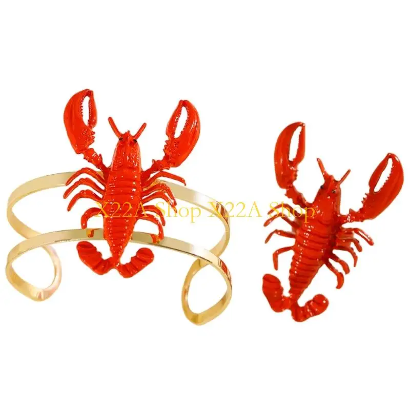 Unique Fashionable Red Lobster Jewelry Set Including Bracelet And Rings Crafted From Alloy For Daily Wear