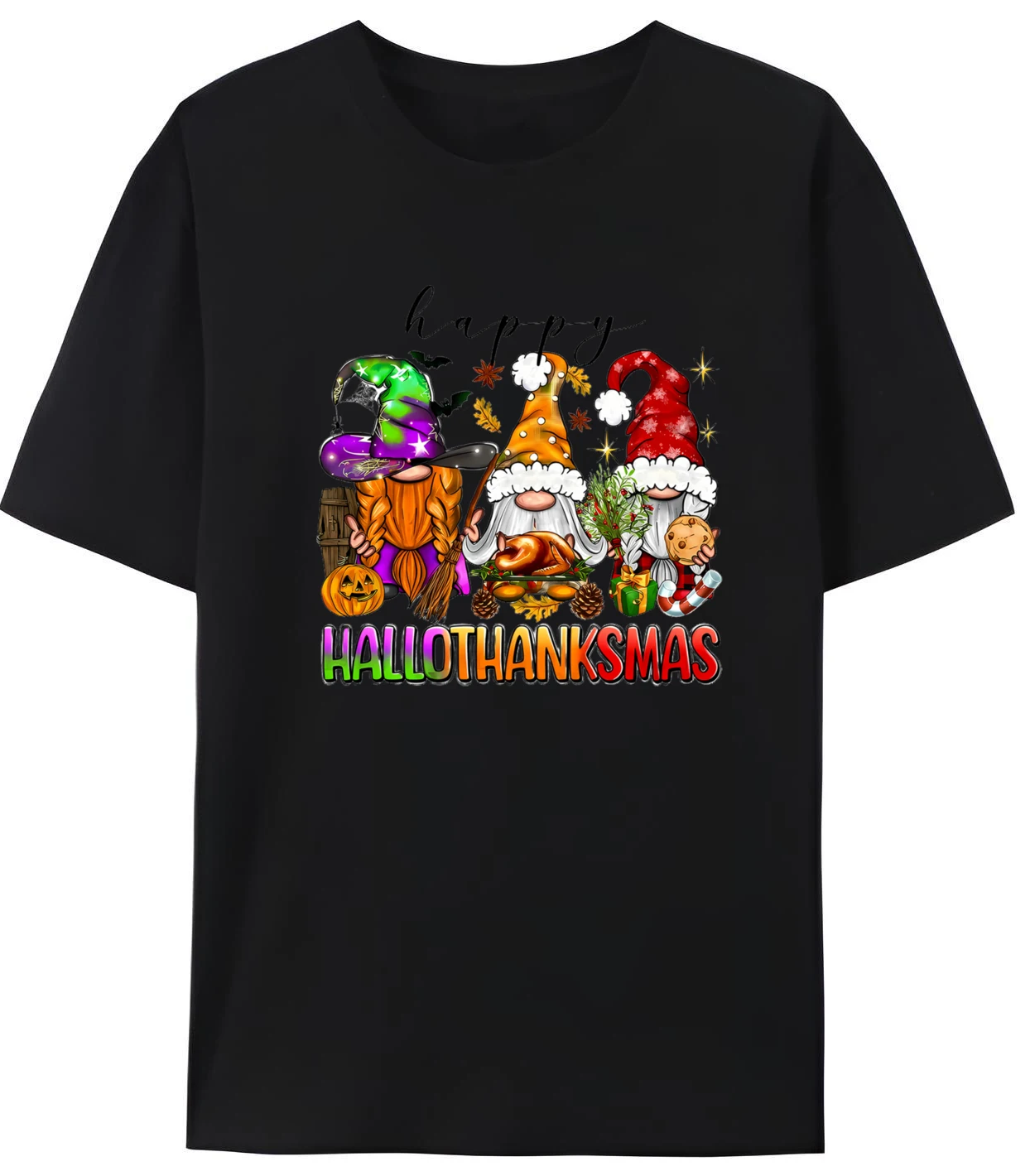 

Happy Hallothanksmas Gnome Хэллоуин День Благодарения Рождество Графические футболки Мужские большие новые топы и футболки