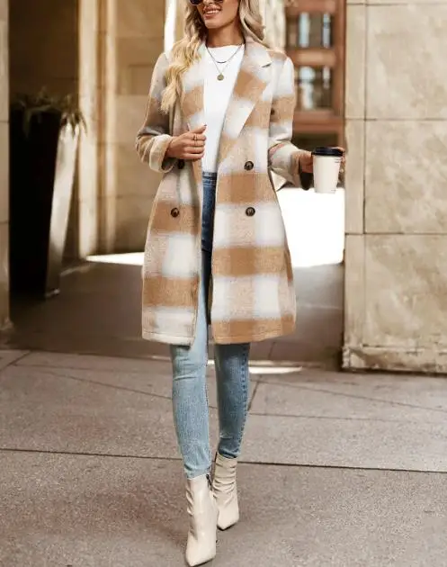 2025 Retro Style Double Breasted Suit Collar with Brushed Plaid Coat, Winter Women's Fashionable Long Sleeved Woolen Coat