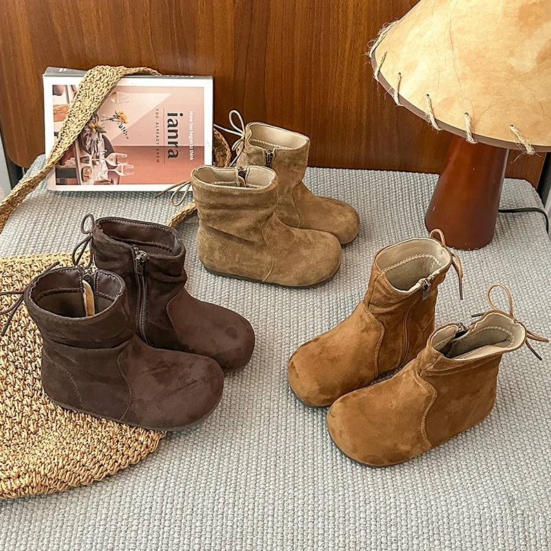 

Детские модные повседневные ботинки с простым бантом, короткие сапоги для девочек с боковой молнией, осень-зима 2022, новые детские ботинки принцессы на мягкой подошве