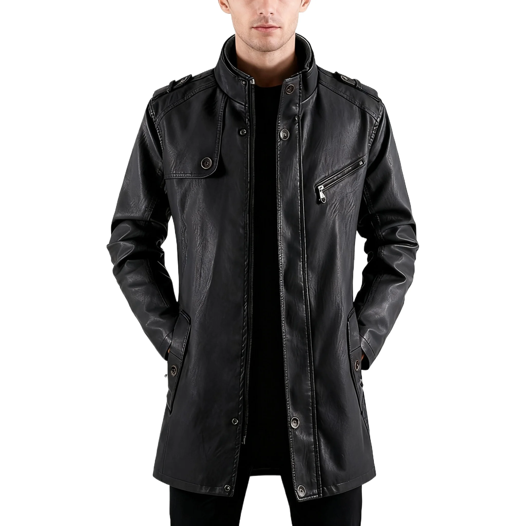 

2025 мужской кожаный плащ, плащ, мужская длинная куртка, плащ, мужская верхняя одежда, модная мотоциклетная куртка из искусственной кожи, осень-зима