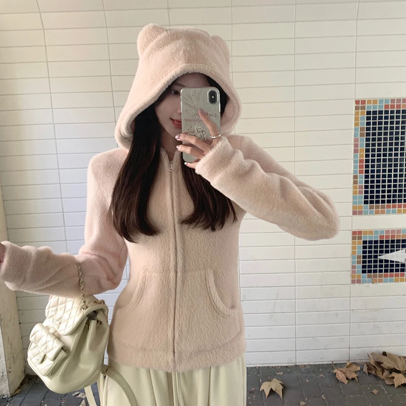Cute Bear Ear Hooded Warm Plush Jacket for Women Autumn Winter Slim Fit Thick Outerwear Woman Casual Solid Zipper Sweatshirt