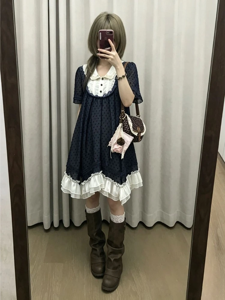 Japanische Subkultur Vintage Kurzarm-Kleid mit Polka-Dot-Print, Spitzen-Patchwork, Vielseitiges Mini-Kleid, Bodycon-Knopfkleid für Damen, Süßes Design