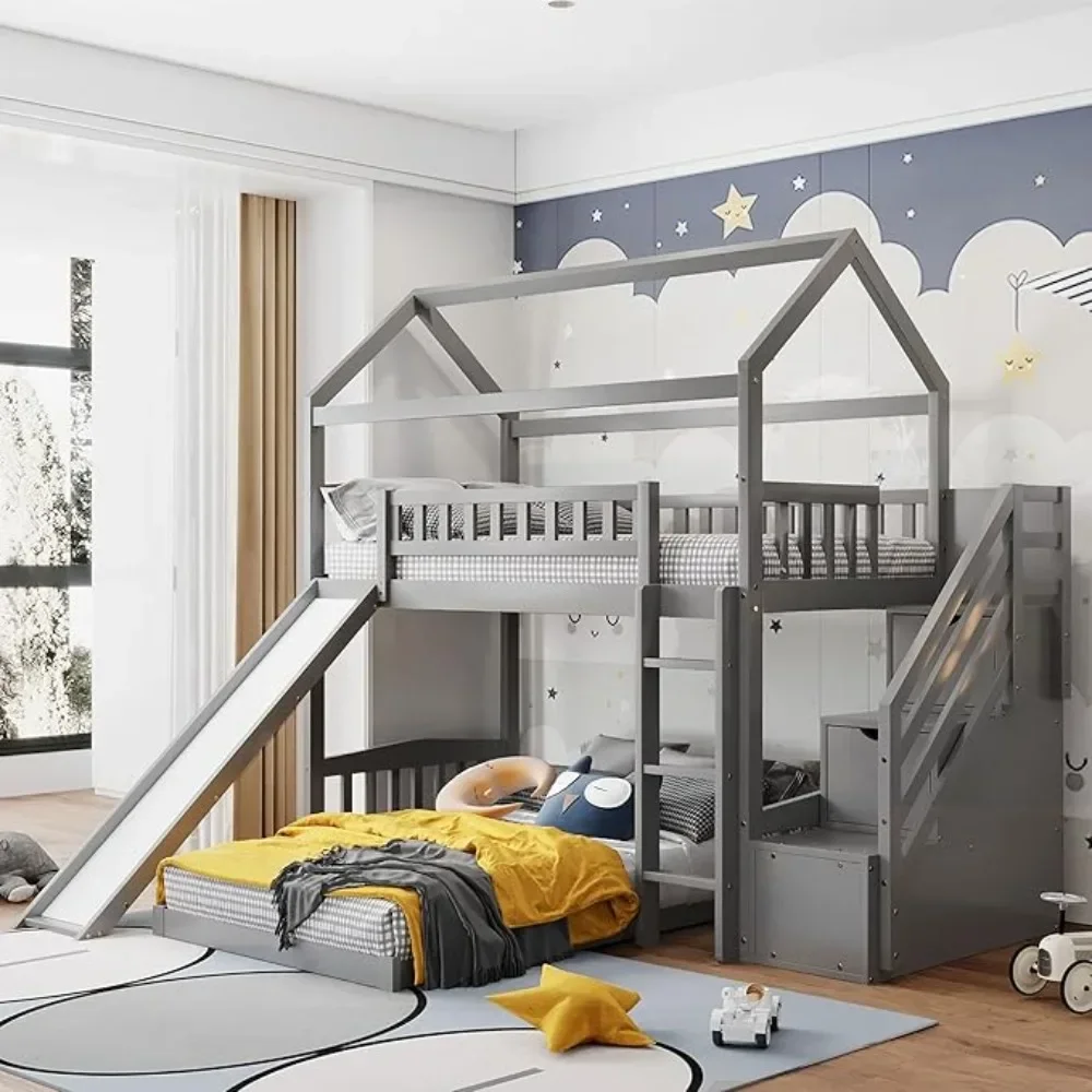 

Children Beds,Bunk Bed Frame with Two Drawers, Slide, Stairs and Guardrails, White, Solid Wood Bed Frame for Children