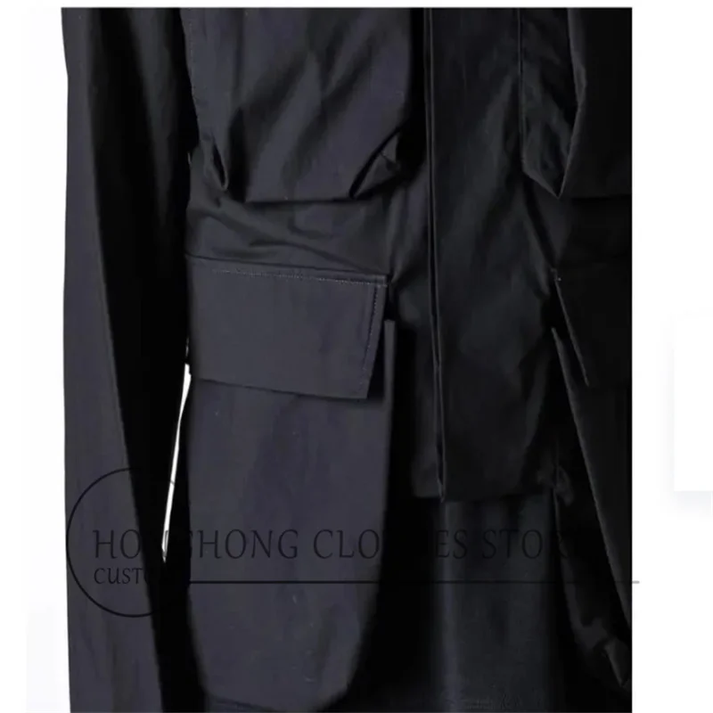 New men's black spring and autumn three-dimensional multi-pocket decorated suit, high-quality casual custom jacket