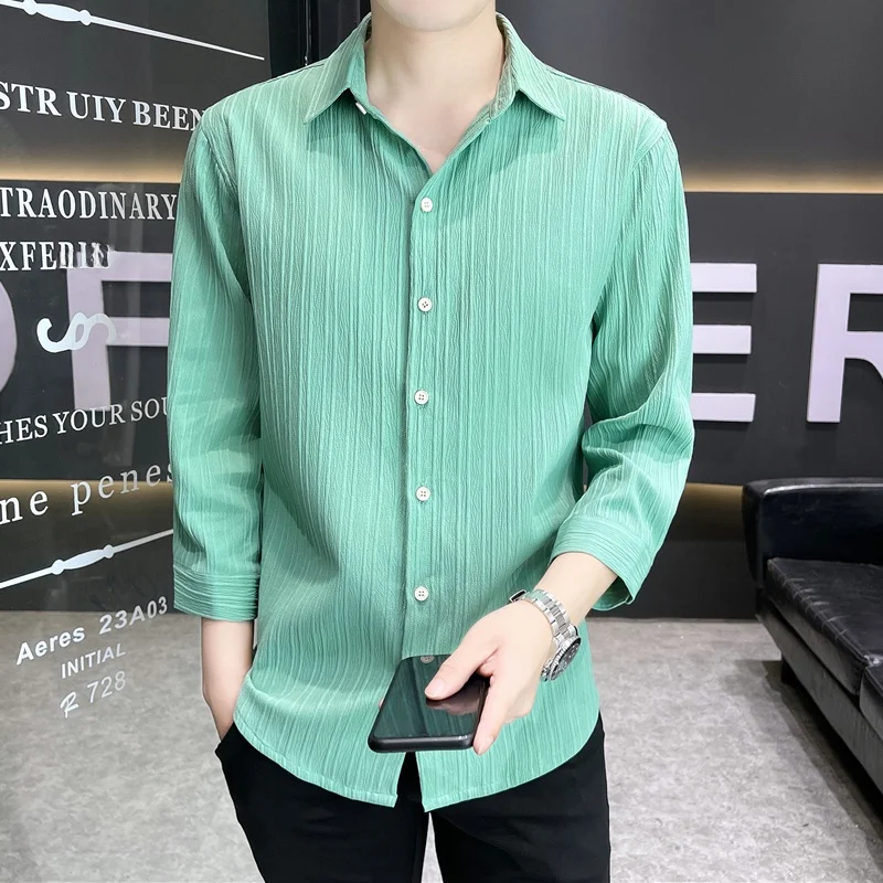 

Summer New Men's Slim Fit Cotton Linen Shirt Thin Breathable Pure Color Young Men's Fashionable City Style Seven Sleeve Shirt