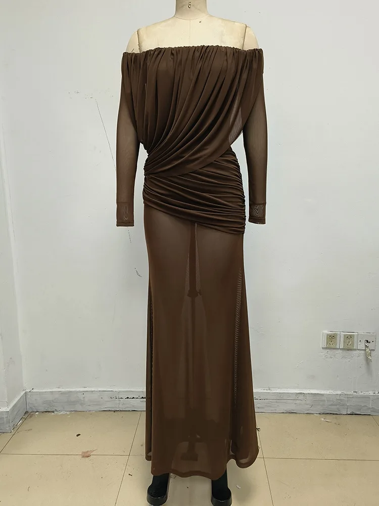 Robes longues vintage marron à col bateau en maille transparente à manches longues, taille haute, patchwork, plissées, amincissantes, pour événements de gala