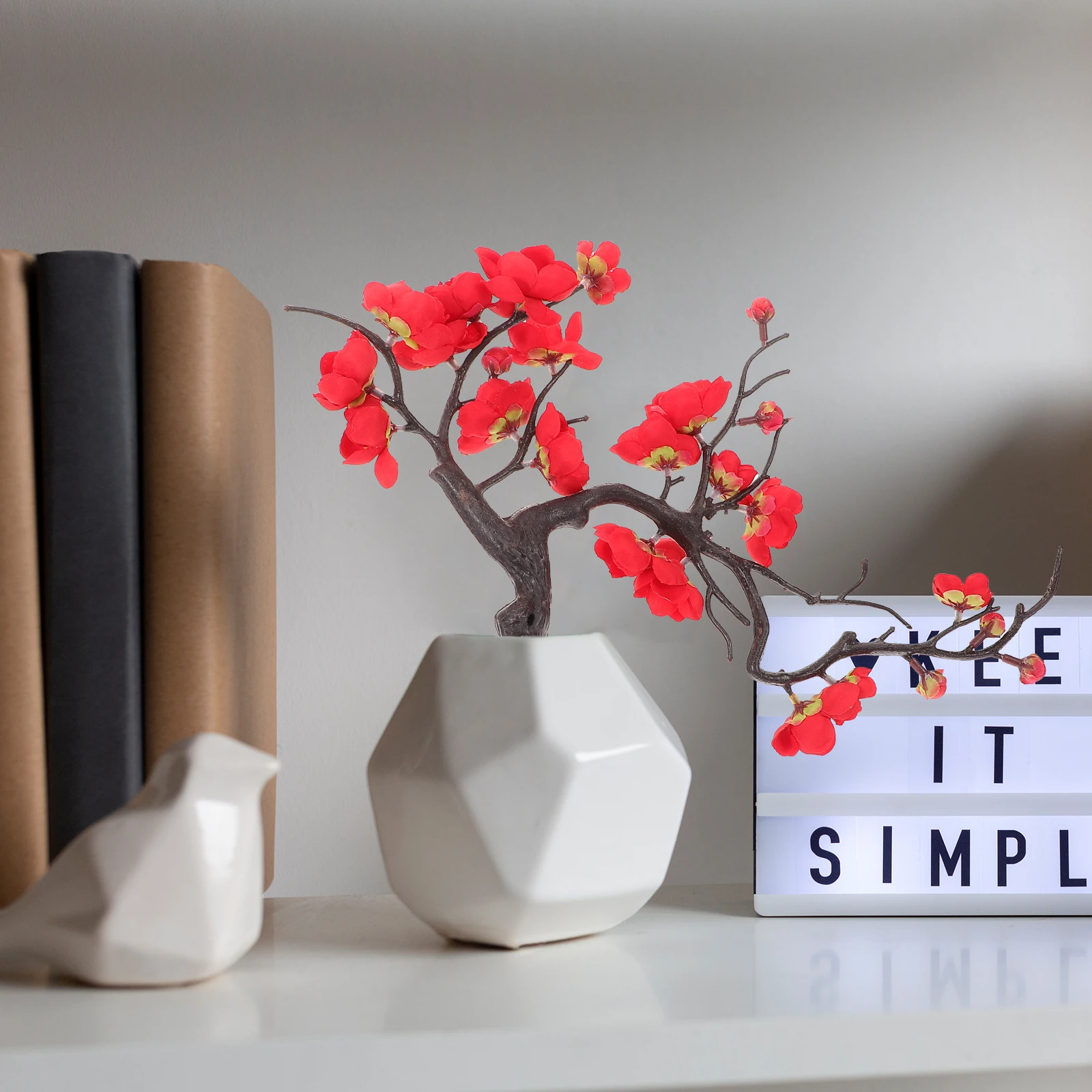 

2Pcs Plastic Artificial Plum Blossom Bouquet Realistic Red Faux Flower Branches Decorative Wedding Home Party Plum Blossom