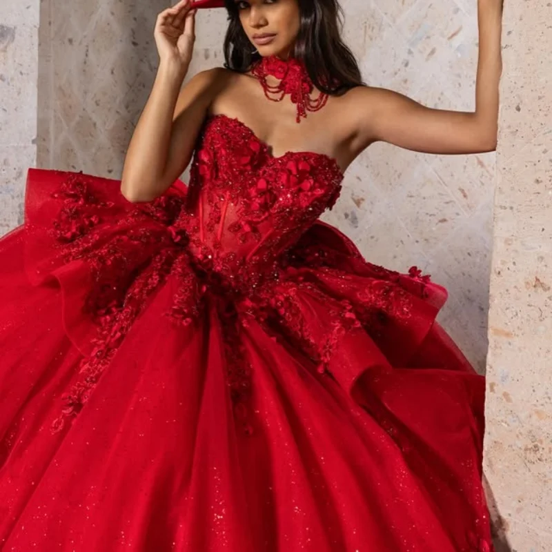 

Shiny Red Quinceanera Dress off-shoulder Lace glitter Crystal decal Flower Long tail Bow vestidos de 15 Quinceanera ﻿Customize