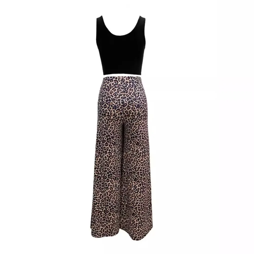 Conjuntos de dos piezas informales de verano para mujer, conjunto de camiseta sin mangas corta con cuello cuadrado y pantalón de pierna ancha con bolsillo y estampado de leopardo