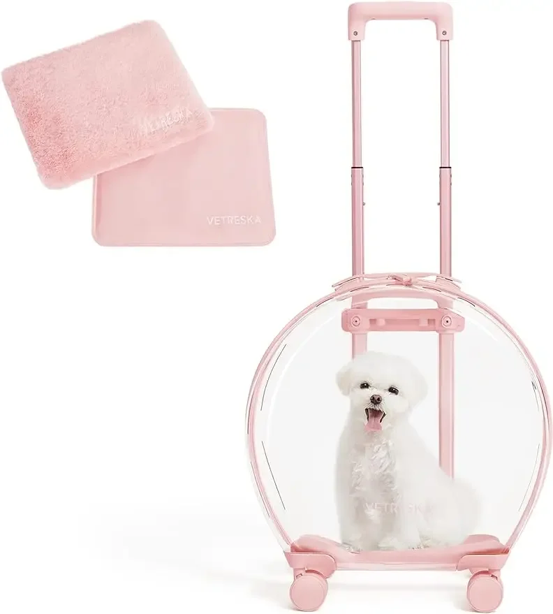 VETRESKA Pet Carrier with 2 Mats, Pink Pet Transport Luggage with Wheels and Telescopic Handle