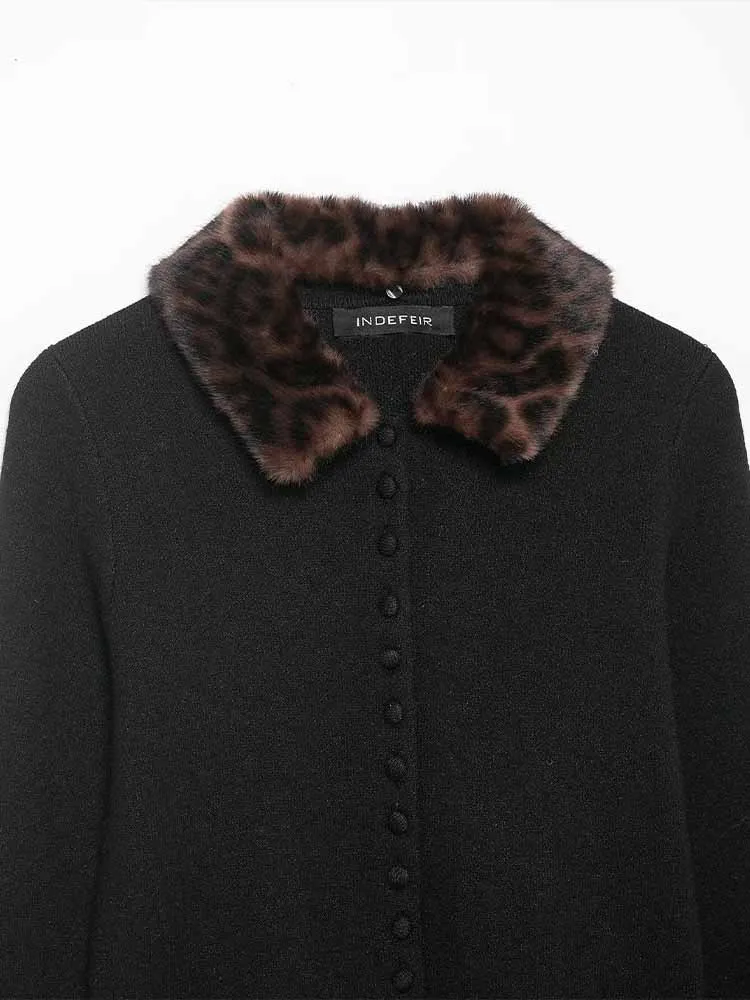 Estilo europeu e americano outono recém chegados elegante e simples feminino efeito de pele sintética lapela malha cardigan