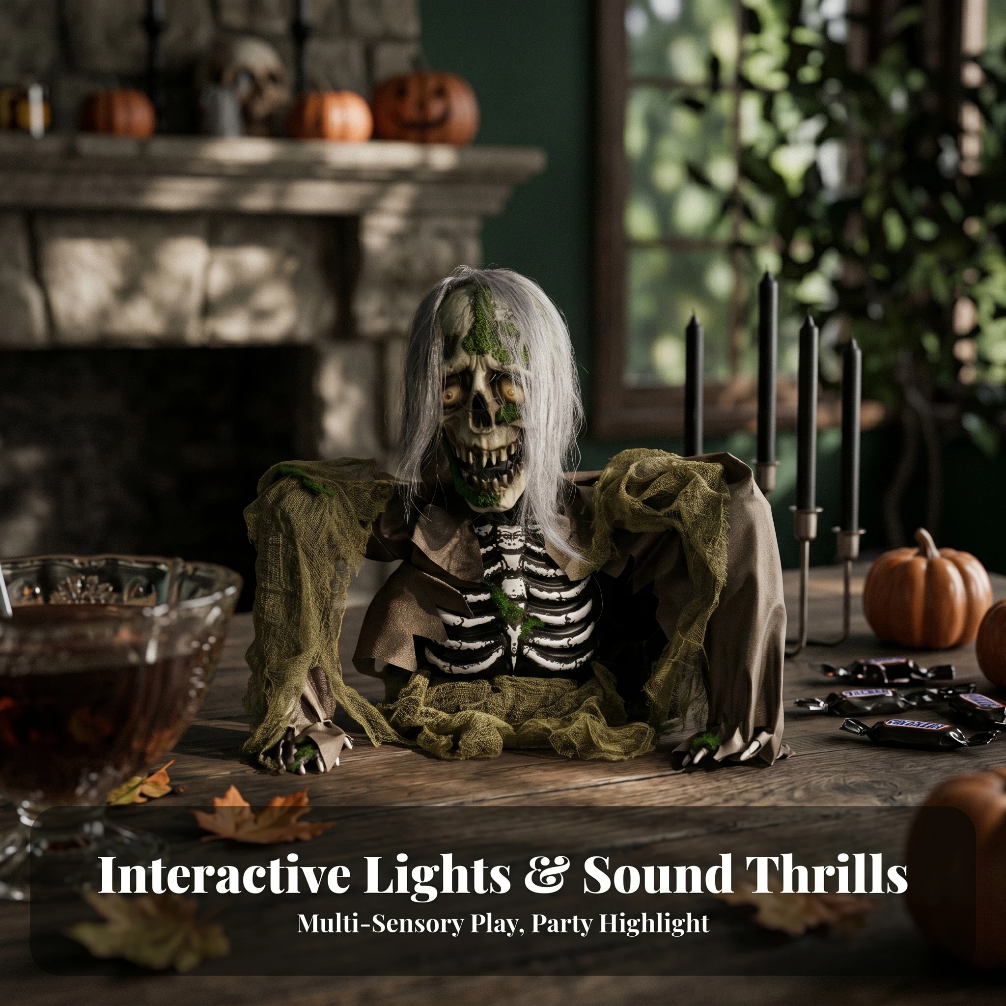 Tattered Gauze Cloth Halloween Decor Glowing Eyes No Assembly Needed Motion Sound Zombie Skeleton Half-Body Zombie Skeleton