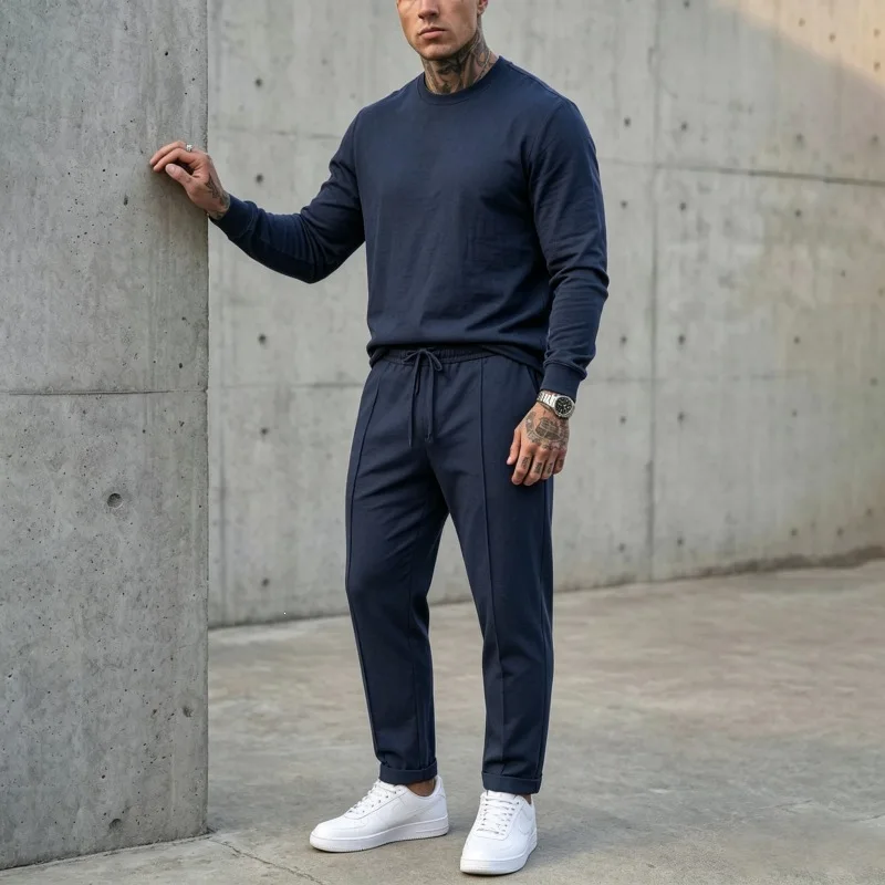 Daily Leisure Mens Long Sleeve Tops And Pants Suits Loose Linen Solid Outfits Spring Autumn Trendy O Neck Men Two Piece Sets