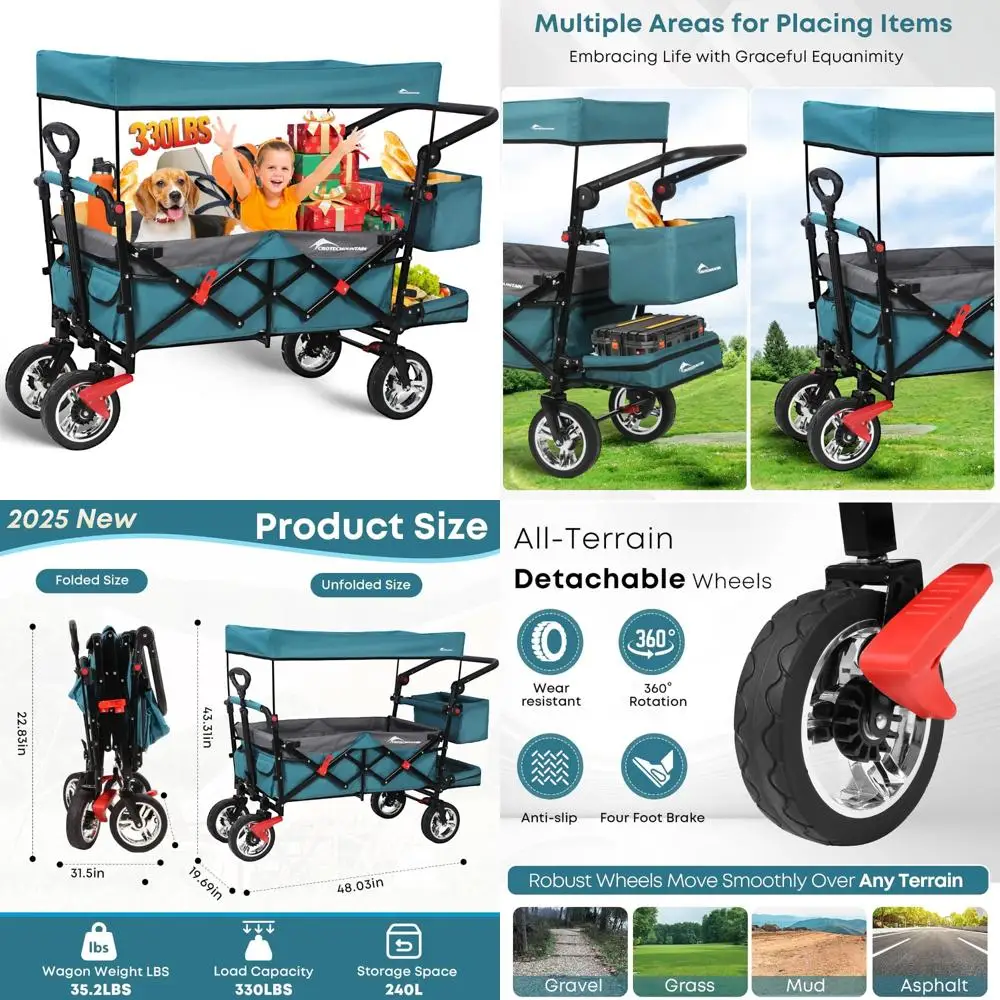 

Collapsible Garden Cart with Canopy, 330-Pound Capacity, Foldable Outdoor Utility Wagon for Easy Transport and Storage