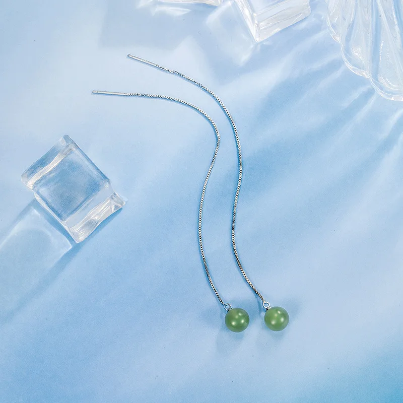 KOFSAC Elegant 925 Silver Long Line Drop Earrings Jade Green Pendant Tassel Earrings Fashion Summer Ladies Jewelry Women Gifts